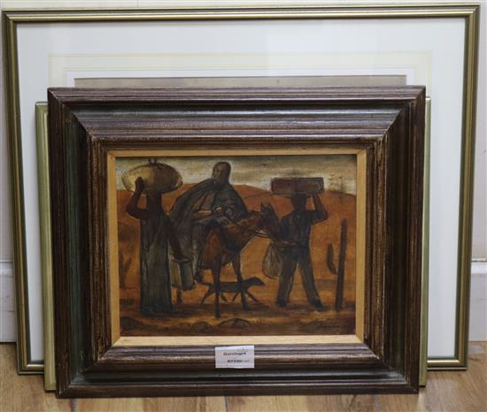 Grover Chapman, oil on board, Mascate, signed and dated 79, 19 x 25cm,m and two watercolours